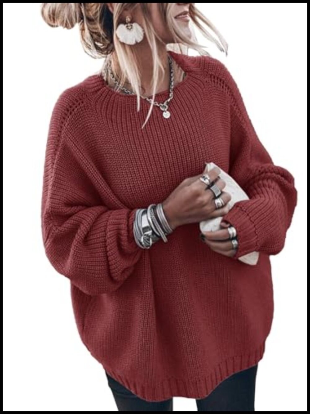 Oversized Mock Neck Knitted Jumper Loose Batwing Long Sleeve Pullover Sweater